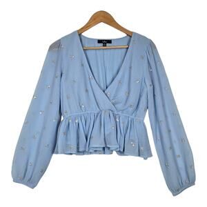 Lulus Caught Your Eye Light Blue Embroidered Long Sleeve Top Sz XS Blue Gauzy